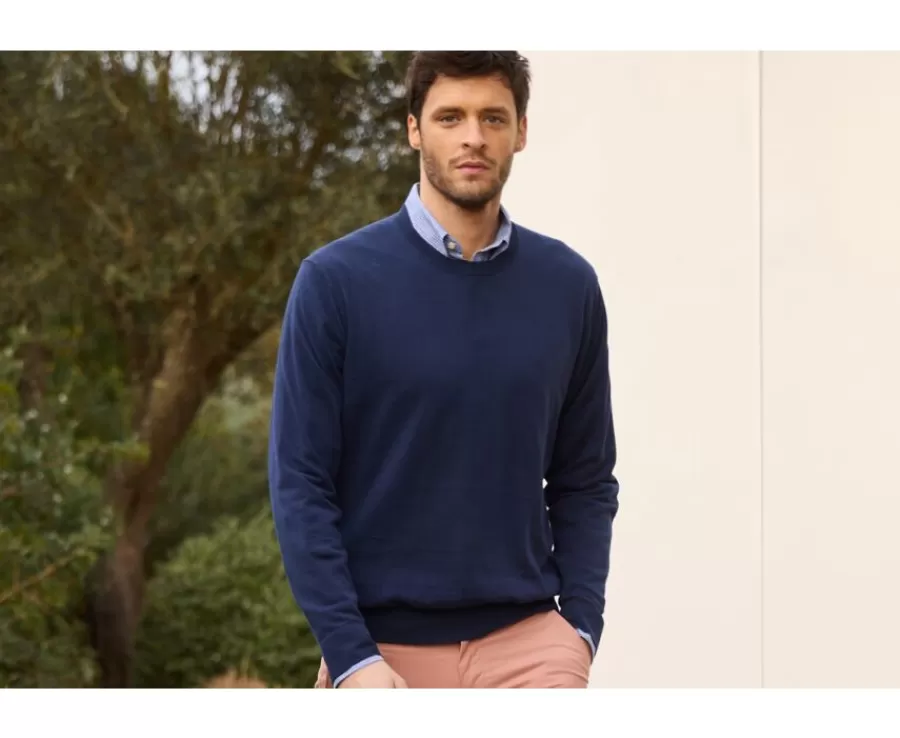 Outlet Jersey de hombre Algodón orgánico/lino Navy Vaquero Clindmir Jerséis Cuello Redondo | Jerséis Algodón-lino