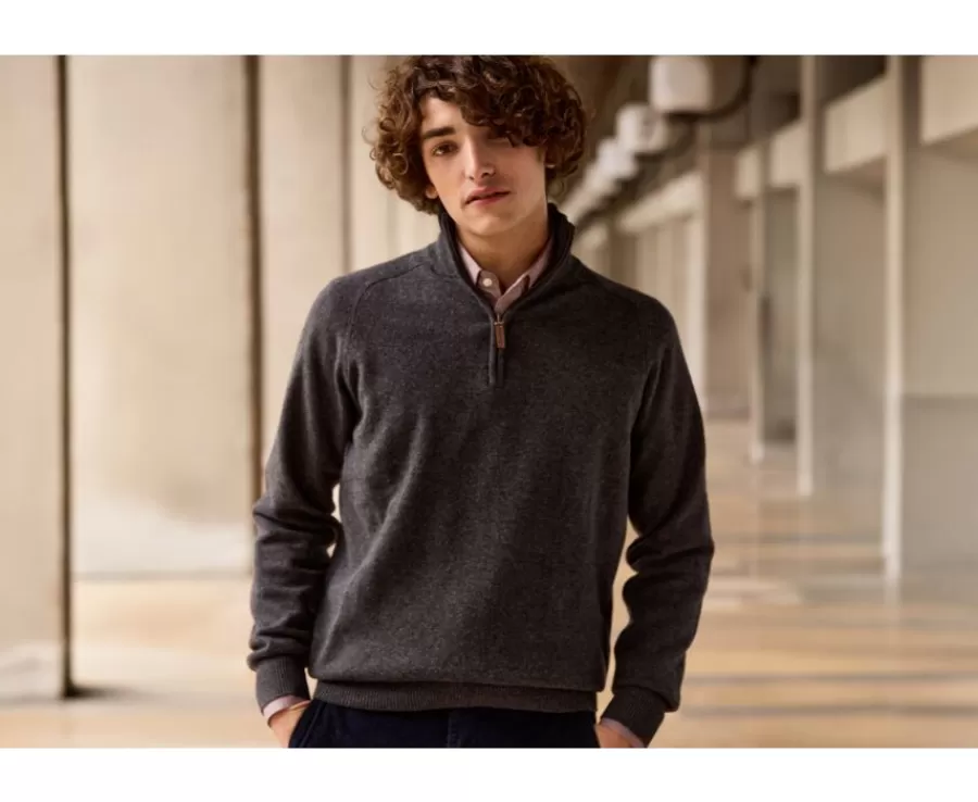 Best Sale Jersey de hombre de lana con cuello con cremallera Gris Antracita moteado Kenneth Jerséis De Cuello Cremallera | Jerséis De Punto