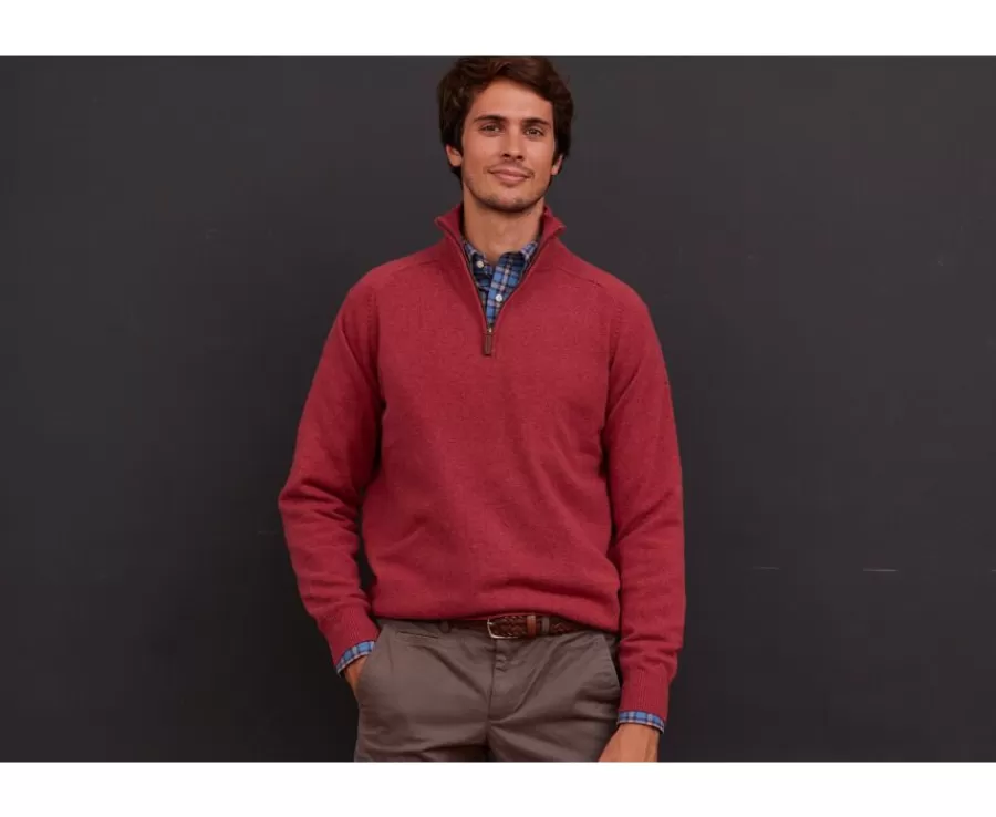 Best Jersey de hombre de lana con cuello con cremallera Rojo moteado Kenneth Jerséis De Cuello Cremallera
