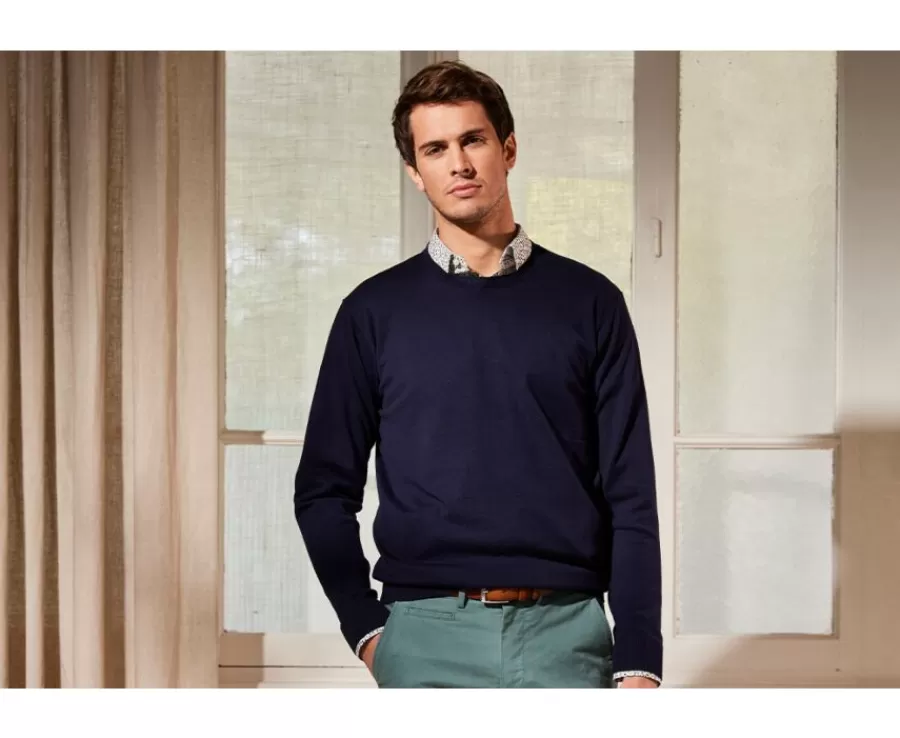 Online Jersey de hombre fino algodón Pima/cachemira con cuello redondo Azul marino Vladimir Jerséis Cuello Redondo | Jerséis Algodón Bio/cachemira