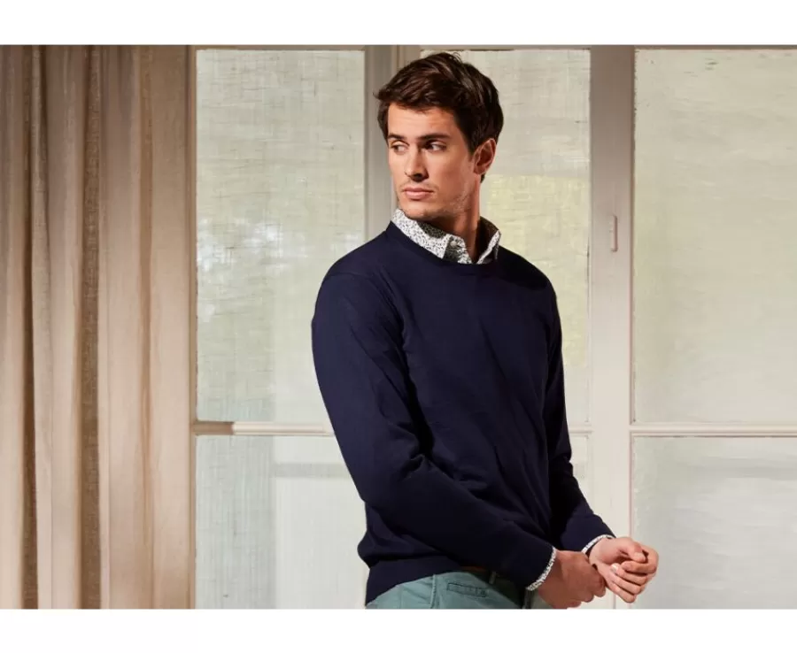 Online Jersey de hombre fino algodón Pima/cachemira con cuello redondo Azul marino Vladimir Jerséis Cuello Redondo | Jerséis Algodón Bio/cachemira