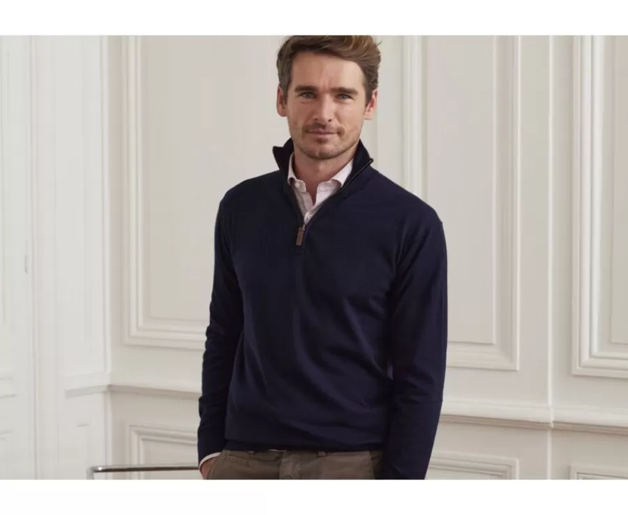 Fashion Jersey de hombre fino de algodón Pima/cachemira con cremallera en el cuello Azul marino Vlad Jerséis De Cuello Cremallera | Jerséis Algodón Bio/cachemira