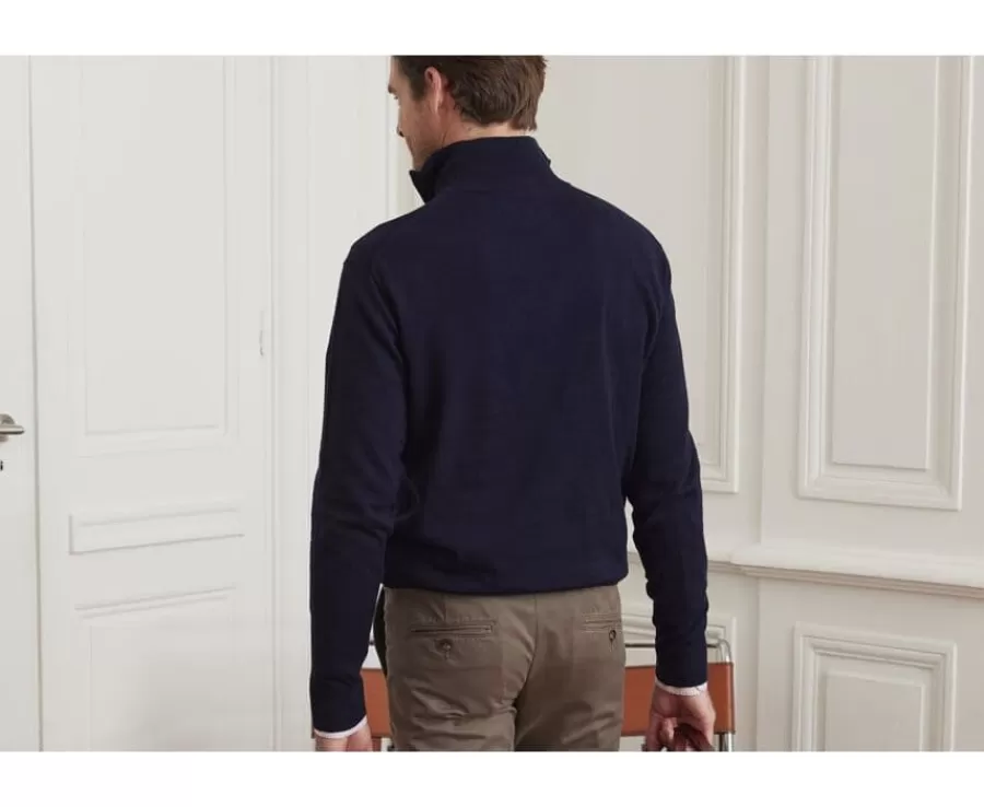 Fashion Jersey de hombre fino de algodón Pima/cachemira con cremallera en el cuello Azul marino Vlad Jerséis De Cuello Cremallera | Jerséis Algodón Bio/cachemira