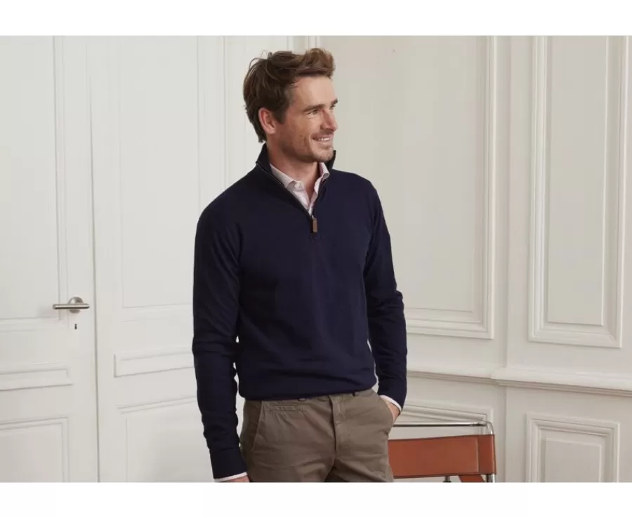 Fashion Jersey de hombre fino de algodón Pima/cachemira con cremallera en el cuello Azul marino Vlad Jerséis De Cuello Cremallera | Jerséis Algodón Bio/cachemira