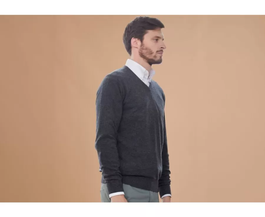 Sale Jersey de lana hombre con cuello En V Gris Antracita moteado Elian Jerséis De Cuello Pico | Jerséis De Punto