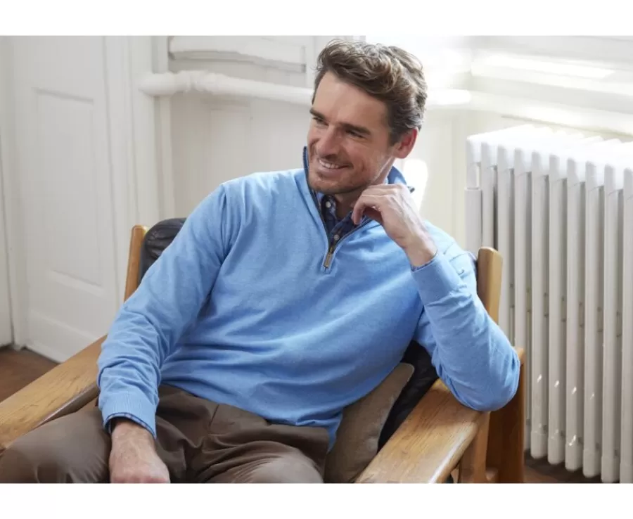 Best Jersey fino algodón Pima/cachemira para hombre con cuello con cremallera Azul moteado Vlad Jerséis De Cuello Cremallera | Jerséis Algodón Bio/cachemira