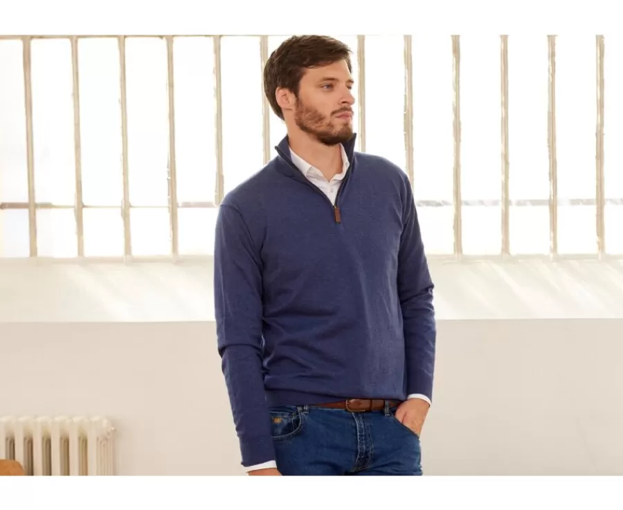 Online Jersey fino algodón Pima/cachemira para hombre con cuello con cremallera Azul oscuro moteado Vlad Jerséis De Cuello Cremallera | Jerséis Algodón Bio/cachemira