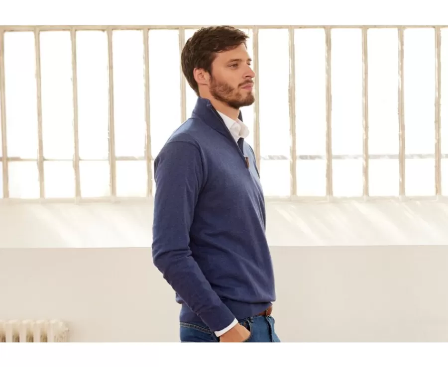 Online Jersey fino algodón Pima/cachemira para hombre con cuello con cremallera Azul oscuro moteado Vlad Jerséis De Cuello Cremallera | Jerséis Algodón Bio/cachemira