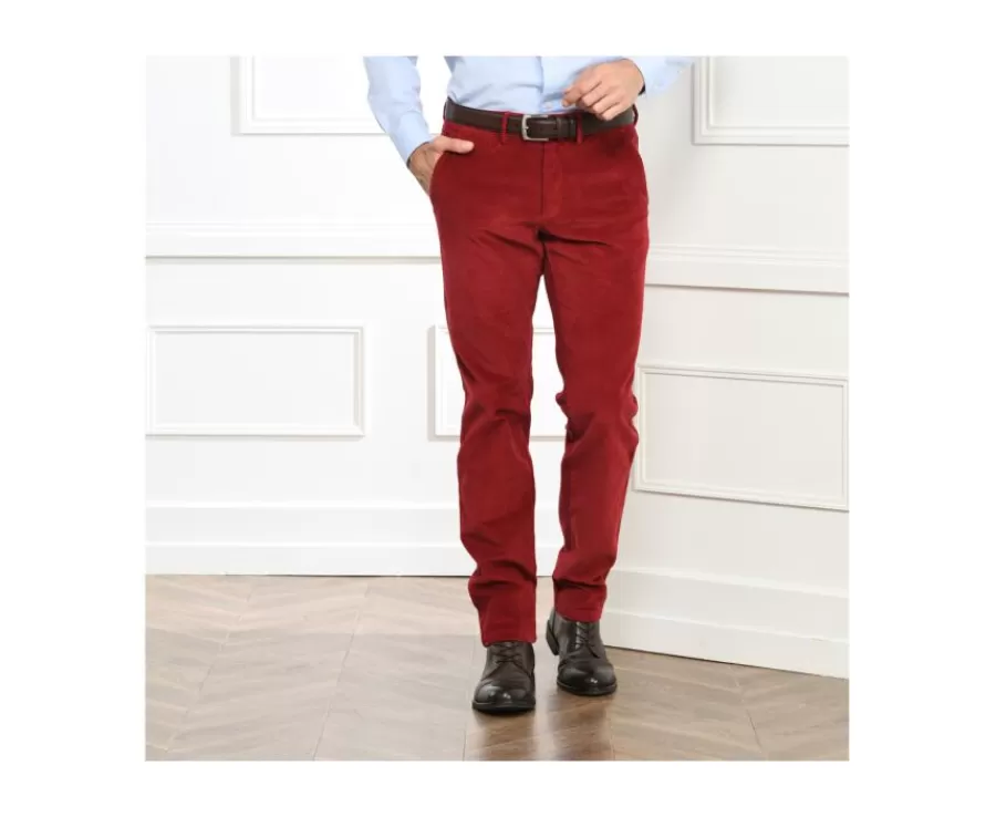 Clearance Pantalón chino de pana para hombre Rojo granate Norman Pantalones Ajustados