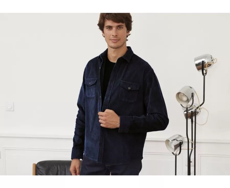 Shop Sobrecamisa de terciopelo Navy - Cuello francés Victorin Sobrecamisas | Camisas De Franela & Terciopelo